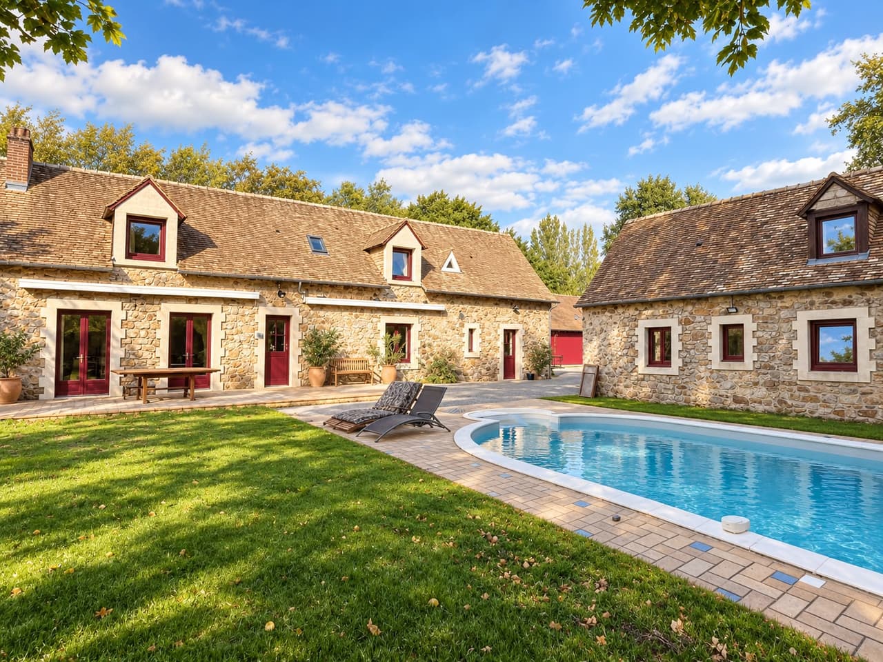 La piscine chauffée du domaine, entourée de pelouse et des bâtiments en pierre